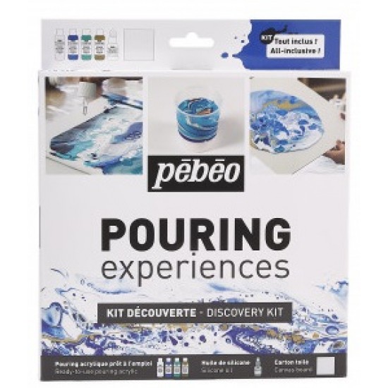 Pebeo Pouring, 4 x 59ml + SILICONE OIL 1 x 50ml + 1 canvas, 6 Piece Set, Discovery Kit